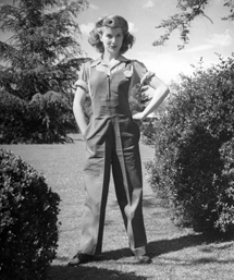 Frances Robinson models the latest Rosie the Riveter wear from 1942